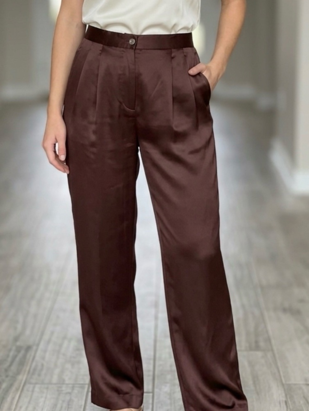 Raquel Allegra Chocolate Brown Satin Wide-Leg Pants